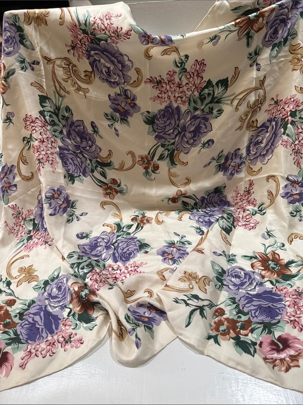 Floral Cream Silk Scarf with Purple & Pink Brown Blooms Roses 🌹vintage